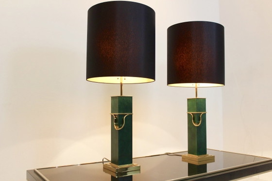 Coppia di Lampade da tavolo Mid Century Moderne in ottone e verde, Dorato (foto 2 di 8)