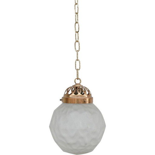Diminutive vintage brass and engraved glass suspension, France 1930