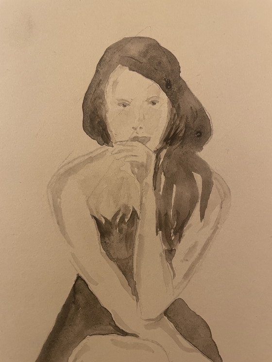 Image 1 of Watercolor Sepia Portrait of a Woman "La Robe Noire" (The Black Dress)