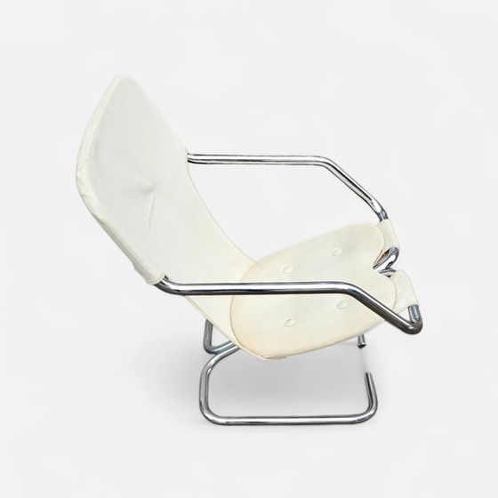 2 x Silla cantilever tubular cromada con asiento de lona color crema – Sillas auxiliares, Chrome, Canvas (photo 3 of 10)