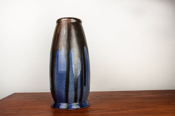 Image 1 of Large Art-Deco vase in blue glazed ceramic by Léon Pointu, Grès de Puisaye, 1920.