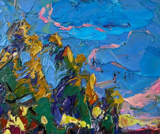 Image 1 of Original Oil Painting Summer Village Landscape When the day fades into evening