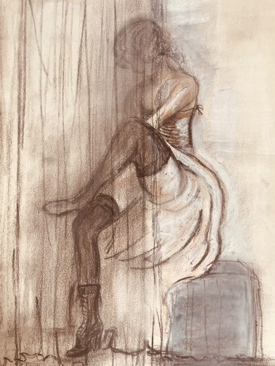 Image 1 of Signed charcoal and white pastel painting, female portrait "fitting"