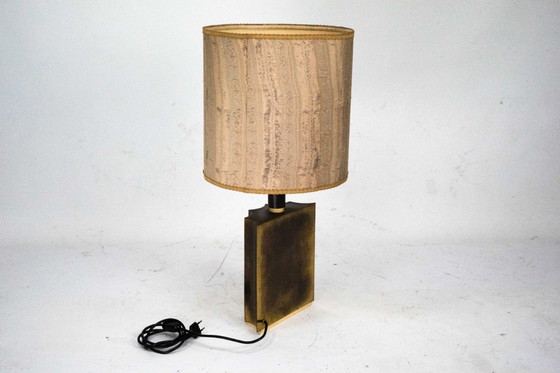 Image 1 of Vintage Brass Table Lamp with Fabric Shade – Original Patina. Italy 1970s