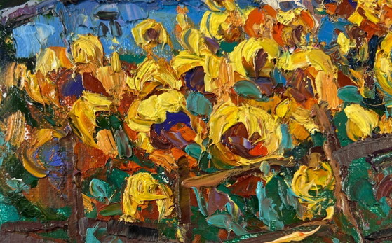 Image 1 of Original Oil Painting Summer Flowers Landscape Sunflower gardens