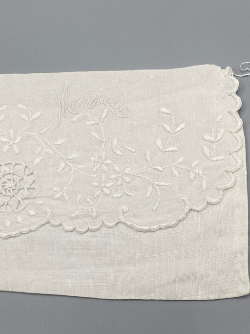 Serviette brodée ancienne « Monsieur » – linge de trousseau vers 1900 – decoratieve objecten, Cotton (photo 2 of 6)
