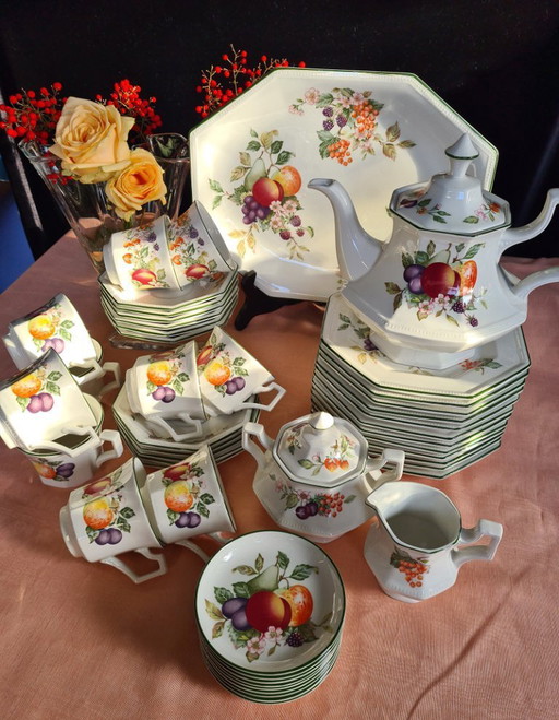 Johnson Brothers England Fresh Fruit tea and cake set with serving dish and petit fours.