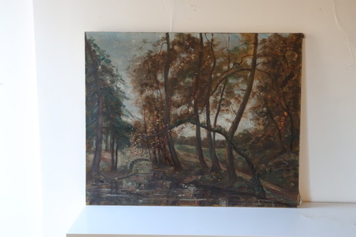 C.Fondanéche-60S French oil painting on canvas-Autumn scene-River valley in the woods-Signet C.Fondanéche-60S