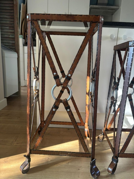 Image 1 of Unique set of 3 console tables – France, 1970s – in the style of Jacques Adnet – iron (imitation leather) and glass