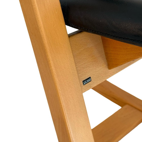 Image 1 of Peter Opsvik - Stokke - Flysit - Sedia a dondolo ergonomica - Rivestimento in pelle nera e struttura in legno