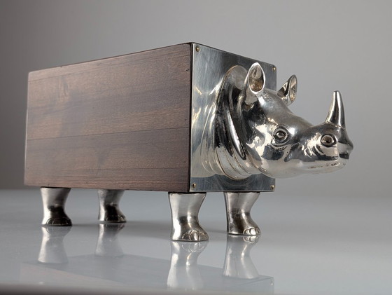 Image 1 of Almazán Rhino Bottle Holder, Mid-Century Modern Wood & Nickel Silver, 1960s