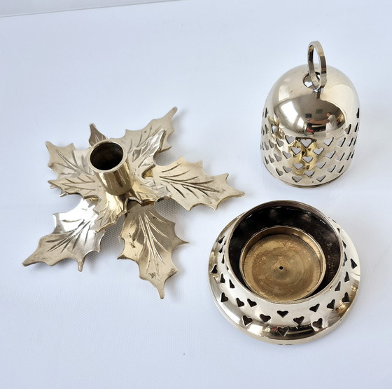 Image 1 of Portacandele vintage a forma di stella di Natale + lanterna, campana di Natale, ottone massiccio lucidato