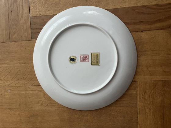 Image 1 of Teller Vintage SAJI Fine China Charger Dinner Plate aus Japan, handgemaltes florales Design in Gold, Rostrot, Blau
