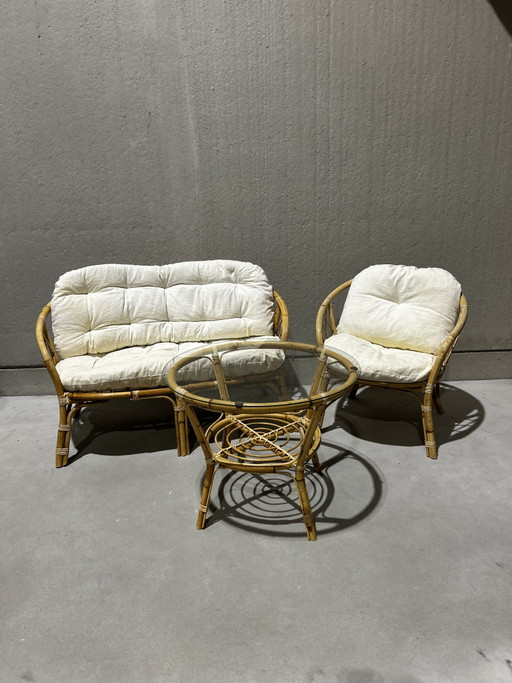 Rotan set – zithoek, Glass, Rattan