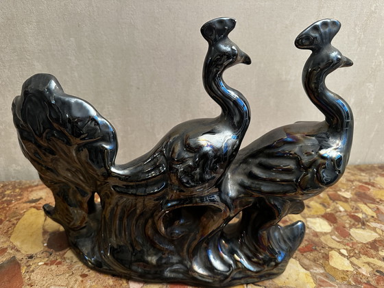 Image 1 of Coppia di Pavoni in ceramica nera iridescente - Attribuiti a Vallauris anni '70