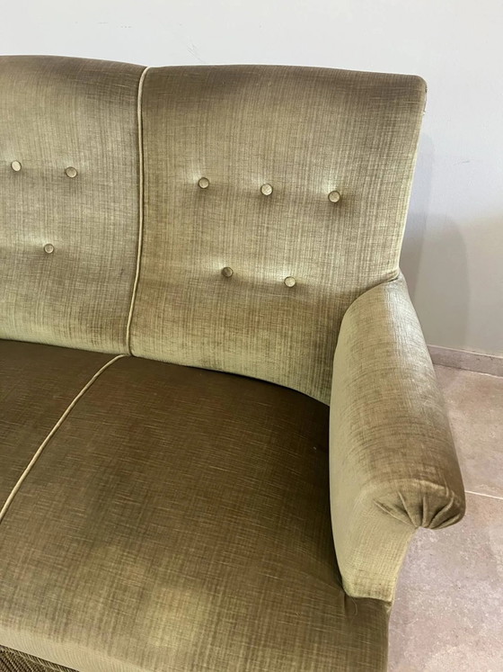 vintage double toad sofa in olive green fabric and trimmings – 2 seaters, Velvet, Art Deco (photo 2 of 15)