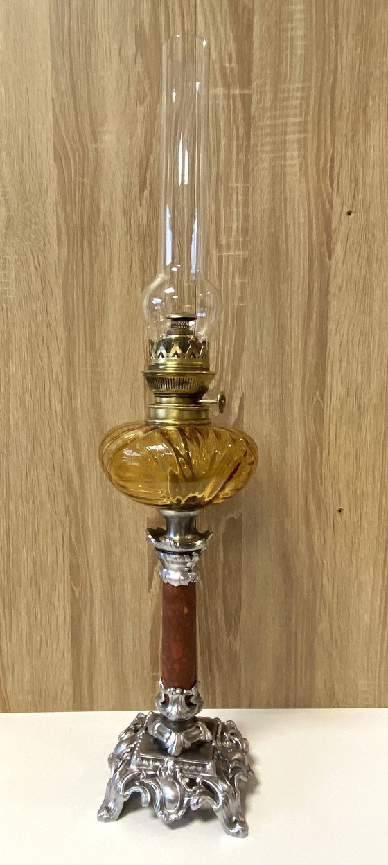 Image 1 of Ancienne Lampe à Pétrole Colonne Huile Kérosène France 1900 "HS" Art Nouveau