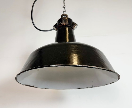 Image 1 of Industrial Black Enamel Factory Lamp with Cast Iron Top, 1950s