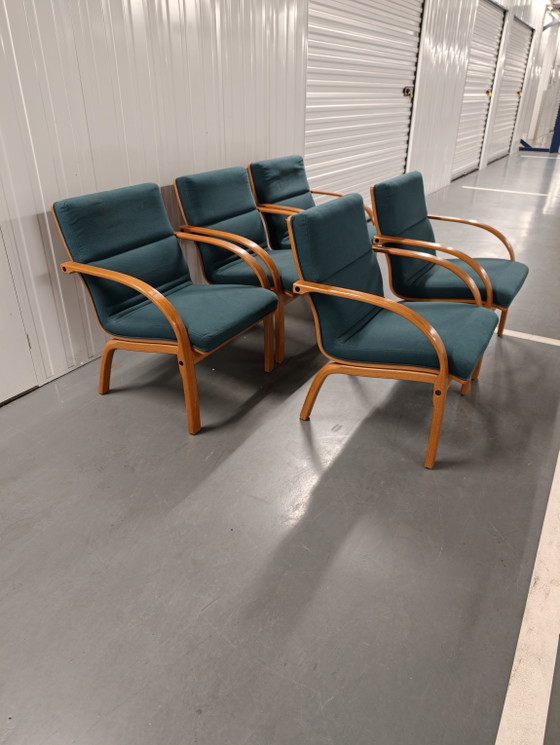 5 Vintage Deense Loungestoelen Groen, Wollen, Gebogen Hout, Retro Uit De Jaren 80. – Eetkamerstoelen, Wool (photo 3 of 9)