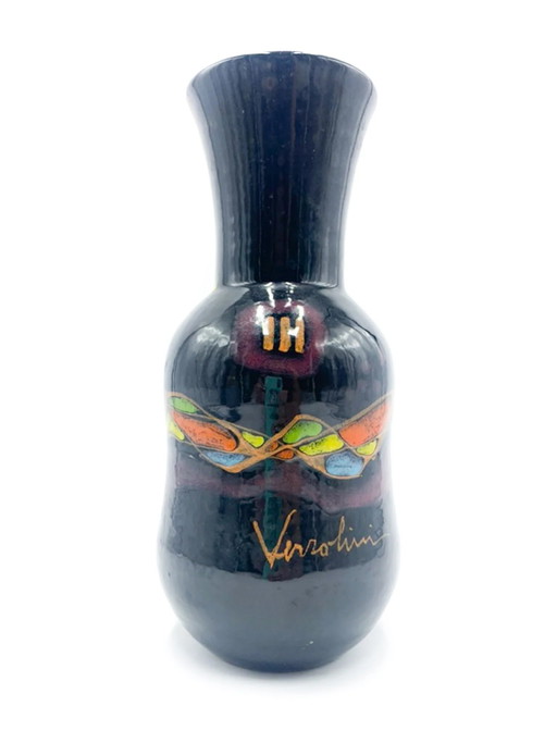 Vase en Céramique Violet Peint à la Main Verzolini des Années 1970