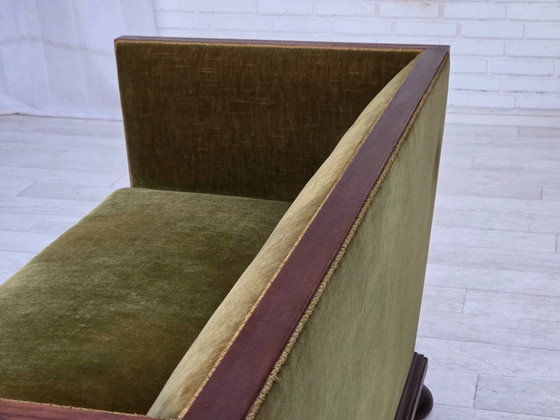 Image 1 of 1950s, Danish 2-seater sofa, original green furniture velour, oak wood.