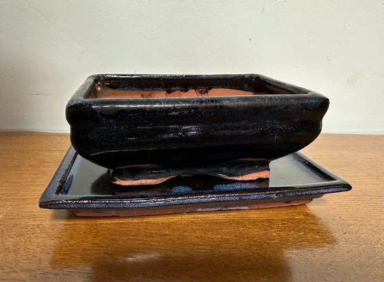 Image 1 of Rectangular pot + blue glazed saucer 18 cm x 11.5 cm for bonsai or succulent