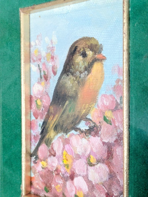 Image 1 of Vintage Robin Oil Painting, Blossoms, Green Velvet Mat, Signed