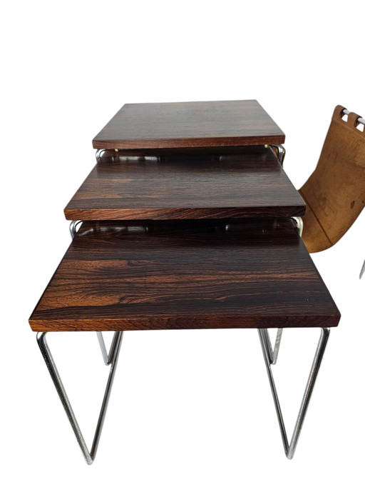 Dutch Design - Brabantia Holland - Mime Set - Reading Rack - Vintage Side Table With Cognac Saddle Leather Reading Rack - 60's