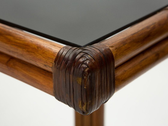 Image 1 of Consola francesa de bambú y latón con tapa de cristal negro, década de 1970