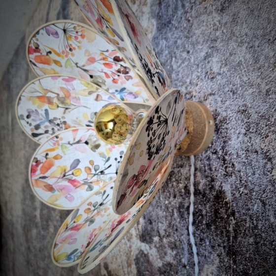 Image 1 of Flower wall lamp, Nymphéa model, 8 petals in rattan and fabric (customizable shade)