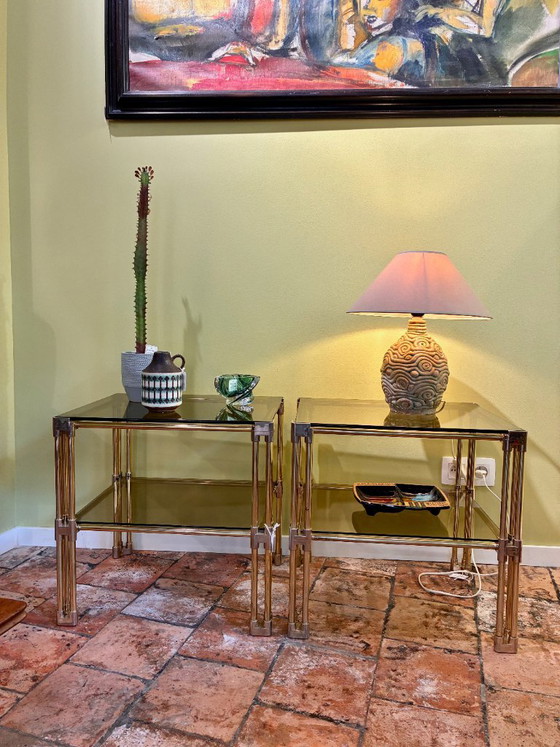 Pair of vintage Hollywood Regency style side tables, in brass and glass, dating from the 1970s. – Metal (photo 19 of 19)