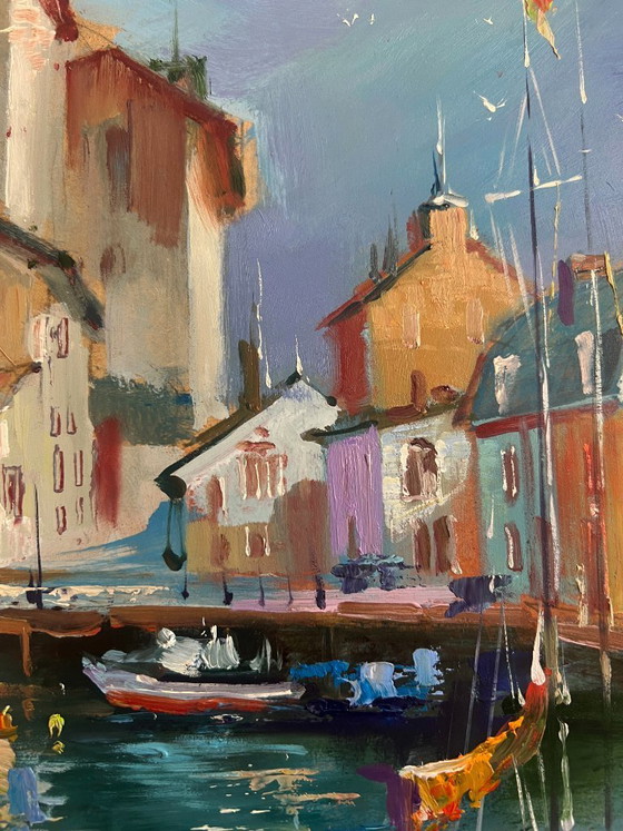 Image 1 of Originales Ölgemälde: Sommerliche Stadtlandschaft – Yachten auf den Wasserstraßen von Venedig