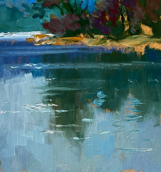 Image 1 of Original Oil Painting Summer River Landscape By the evening in nature