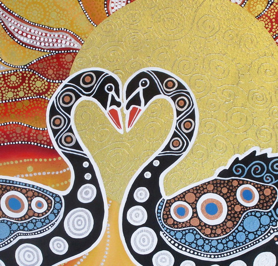 Image 1 of Amour entre deux cygnes peint à la main (peint à la main)