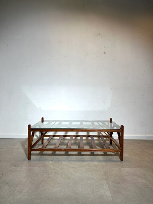 Mid-Century Wooden Coffee Table with Glass Top – salontafels (photo 2 of 4)