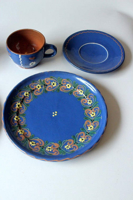 Image 1 of 2 Kaffeegedecke Keramik dunkelblau handgetöpfert handbemalt