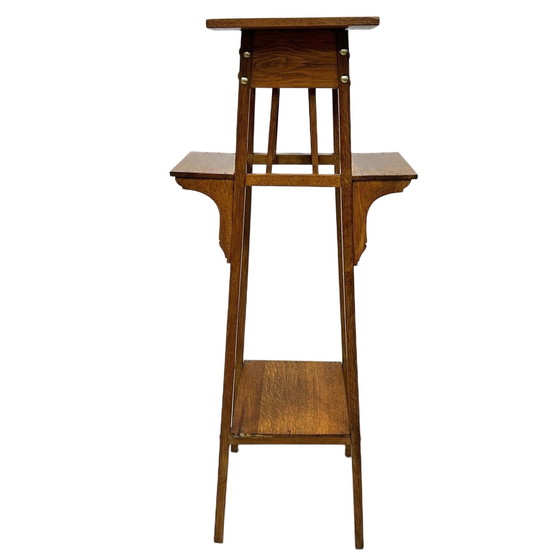 Image 1 of Antique Art and Crafts pedestal plant table with side shelves, oak, 1890s