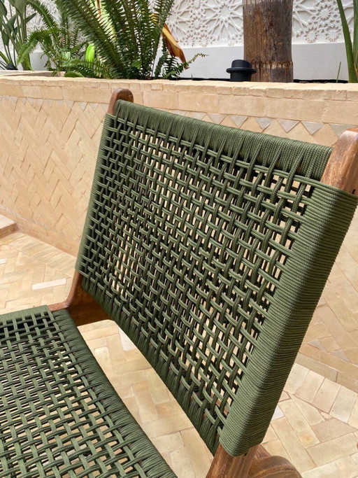 Marokkanischer Sessel aus Walnussholz mit grüner Kordel, handgefertigter Boho-Akzentstuhl
