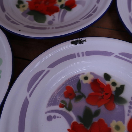 7 bedruckte florale Emaille-Teller "bon voyage" Made in China – Geschirr, Vintage (photo 9 of 12)
