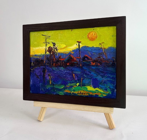 Original Oil Painting Evening Village Landscape Yellow sunset over the village