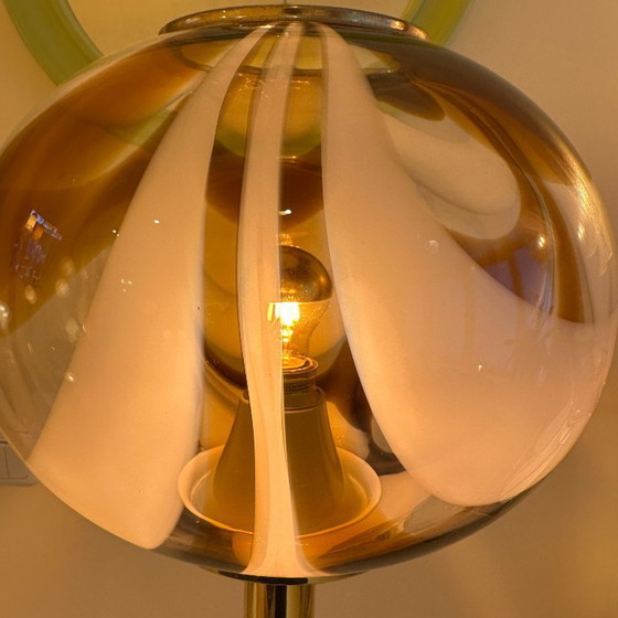 Image 1 of Italian Murano amber swirl glass globe floor lamp on brass base