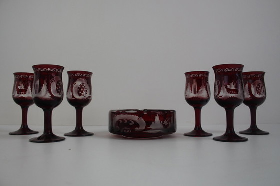 Image 1 of Antique Set of 36 pieces of Artistic cut Ruby red glass, Egermann, 1950's. 