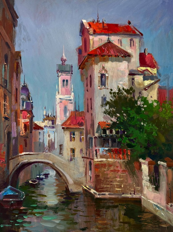 Image 1 of Original Oil Painting River Street Landscape City in the reflection of water