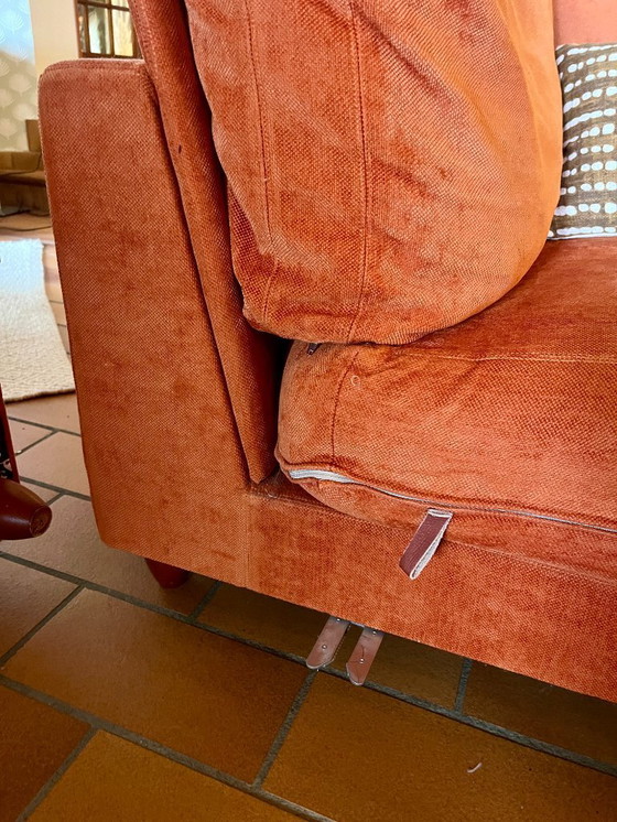 Image 1 of Viscoti vintage stoffen bank met chaise longue in roest/oranje