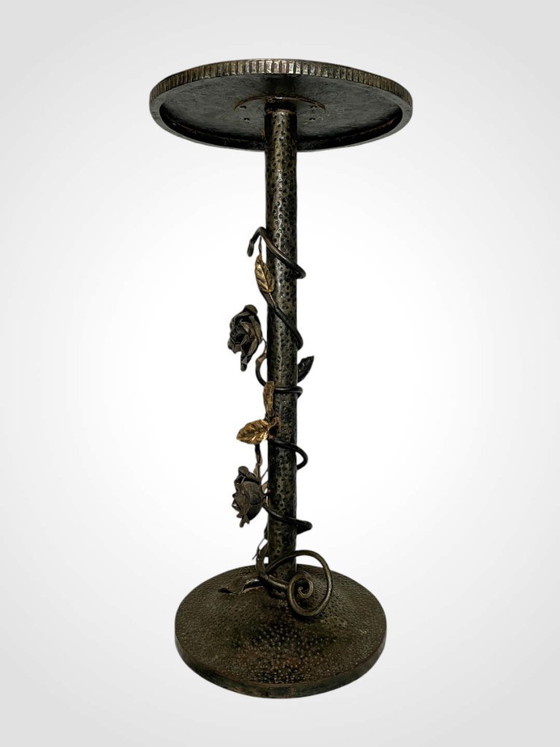 Image 1 of French Gueridon Wrought Iron Side Table - Vintage Embossed Metal Top Floral Plant Stand
