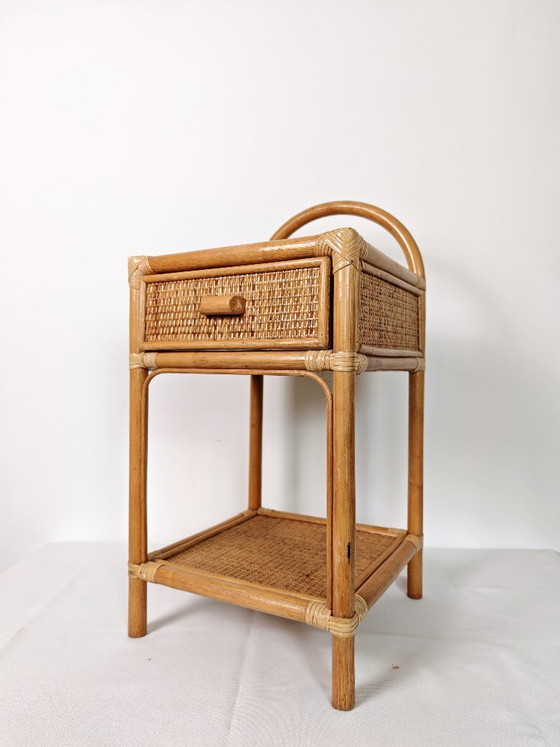 Image 1 of Vintage Rattan Bedside Table / 1970s Bamboo Nightstand / Boho Side Table with Drawer / Wicker Furniture / Coastal Bohemian Decor