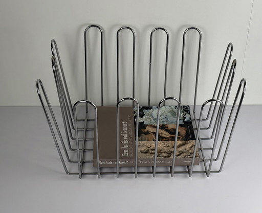 Large Vintage XL Wire Steel Chrome Newspaper Container / Reading Rack