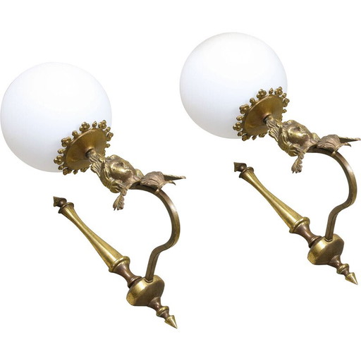 Pair of vintage Italian figural brass wall lamps