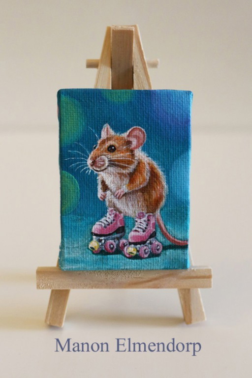 Uniek Handgeschilderd Miniatuur Schilderijtje Muisje Op Rolschaatsen 