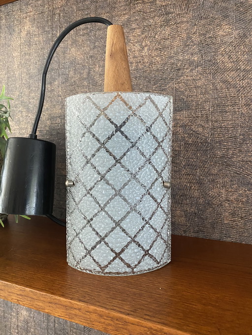 Lámpara colgante diseño escandinavo años 60 teca cristal gofrado